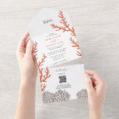 Koraal Waterverf Strand Modern QR Code Bruiloft All In One Uitnodiging (Afscheurbaar)