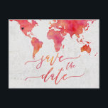 Koraal Waterverf Wereldkaart Bruiloft Save the Dat Aankondigingskaart<br><div class="desc">Waterverf Wereldkaart Bestemming Bruiloft Bewaar de Date Post Kaarten met MOVEABLE HEART LOCATION Klik op de link verder aanpassen om je hart te positioneren Controleer mijn winkel om het hele bruiloft collectie met dit ontwerp te zien!</div>