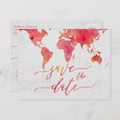 Koraal Waterverf Wereldkaart Bruiloft Save the Dat Aankondigingskaart (Voorkant / Achterkant)