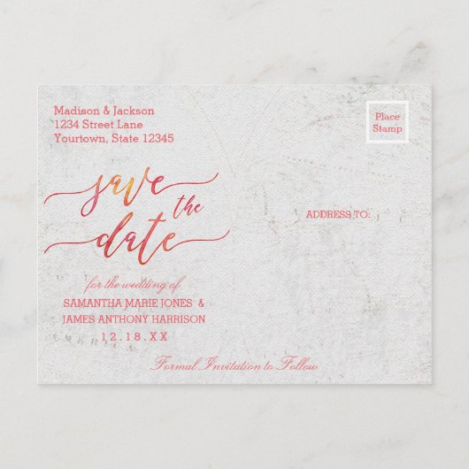 Koraal Waterverf Wereldkaart Bruiloft Save the Dat Aankondigingskaart (Achterkant)