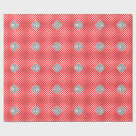 Koraal Wht Polka Dots Dk Gray Quatrefoil 3 Monogra Cadeaupapier (Vlak)