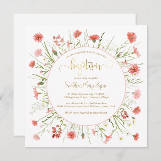 Koraal Wildbloem Doop Aankondiging Gouden Letterty (Voorkant / Achterkant)