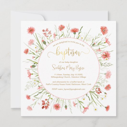 Koraal Wildbloem Doop Aankondiging Gouden Letterty (Voorkant)