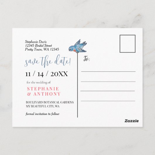 Koraal Wilde Bloem Vogel Rand Opslag Datum Foto Briefkaart (Achterkant)