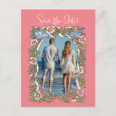 Koraal Wilde Bloem Vogel Rand Opslag Datum Foto Briefkaart (Voorkant)