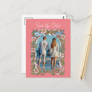 Koraal Wildflower Bird Border Save the Date Foto Briefkaart