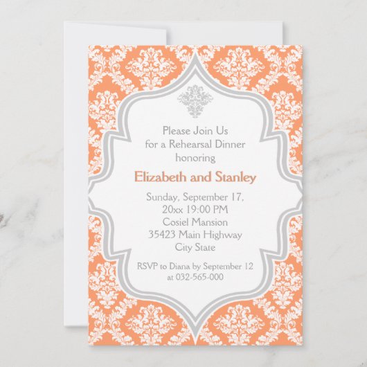 Koraal, wit, grijs damast bruiloft repetitie diner kaart (Voorkant)