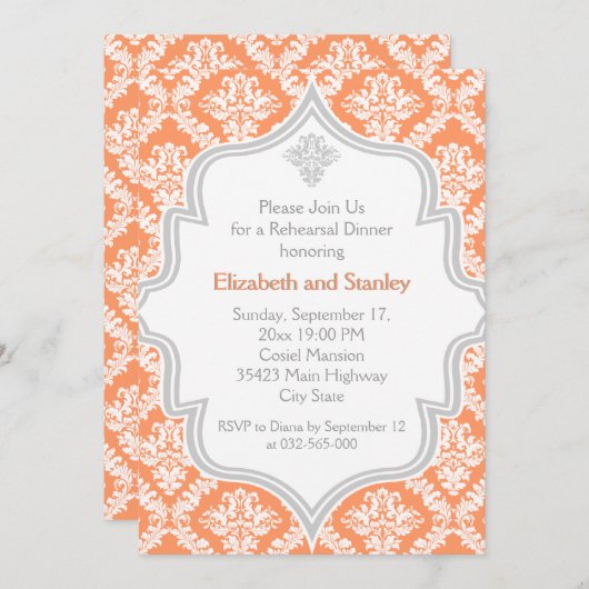 Koraal, wit, grijs damast bruiloft repetitie diner kaart (Voorkant / Achterkant)