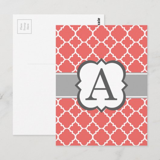 Koraal wit monogram Letter A Quatrefoil Briefkaart (Voorkant / Achterkant)