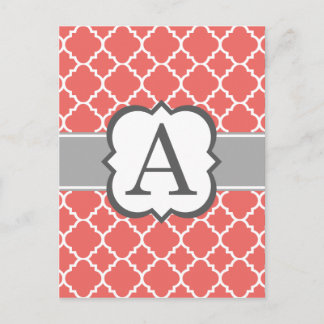 Koraal wit monogram Letter A Quatrefoil Briefkaart