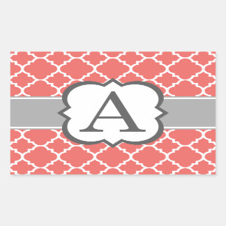Koraal Wit Monogram Letter A Quatrefoil Rechthoekige Sticker