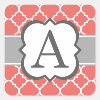 Koraal Wit Monogram Letter A Quatrefoil Vierkante Sticker