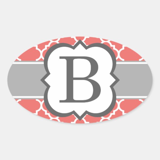 Koraal Wit Monogram Letter B Quatrefoil Ovale Sticker (Voorkant)