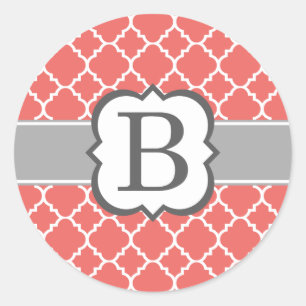 Koraal Wit Monogram Letter B Quatrefoil Ronde Sticker