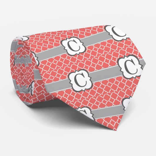 Koraal Wit Monogram Letter C Quatrefoil Stropdas (Opgerold)