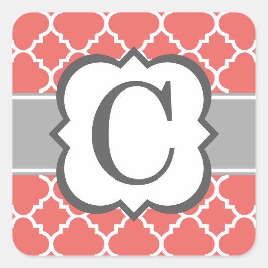 Koraal Wit Monogram Letter C Quatrefoil Vierkante Sticker (Voorkant)