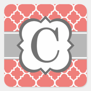 Koraal Wit Monogram Letter C Quatrefoil Vierkante Sticker