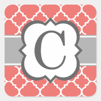Koraal Wit Monogram Letter C Quatrefoil Vierkante Sticker