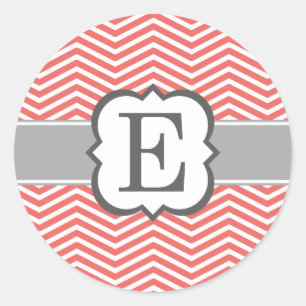 Koraal Wit Monogram Letter E Chevron Ronde Sticker