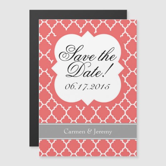 Koraal Wit Quatrefoil Save The Date Magnet Magnetische Uitnodiging (Voorkant / Achterkant)