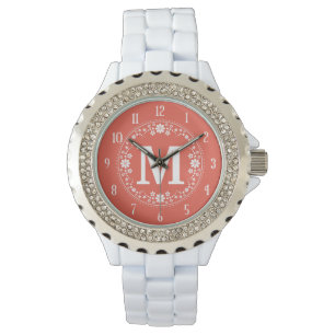 Koraal Witte Floral Wreator Monogram Horloge
