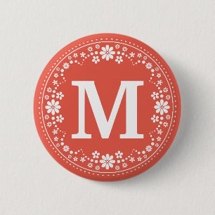 Koraal Witte Floral Wreator Monogram Ronde Button 5,7 Cm