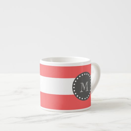 Koraal witte strepenpatroon, houtskoolmonogram espresso kop (Voorkant rechts)