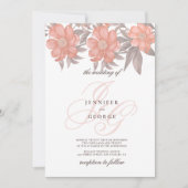 Koraal zacht grijs monogram initialen bloembruilof kaart (Voorkant)