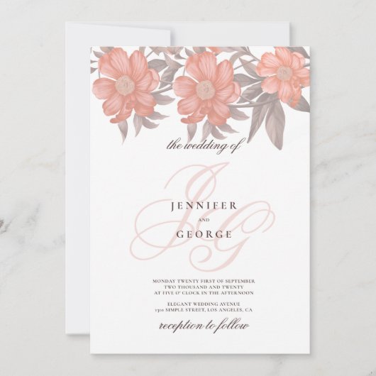 Koraal zacht grijs monogram initialen bloembruilof kaart (Voorkant)