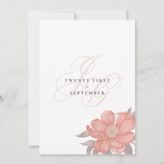 Koraal zacht grijs monogram initialen bloembruilof kaart (Achterkant)