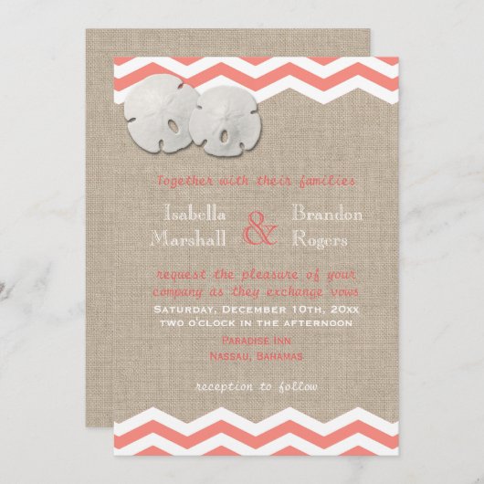 Koraal Zand Dollar & Chevron bruiloft uitnodiging (Voorkant / Achterkant)