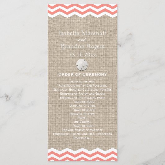 Koraal Zand Dollar & Chevron Huwelijksprogramma Programmakaart (Voorkant)