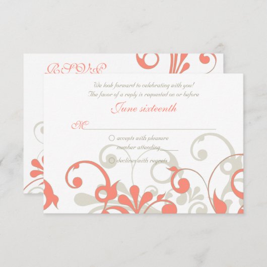 Koraal, Zand Tannend, Witte Bloemen Bruiloft RSVP (Voorkant / Achterkant)