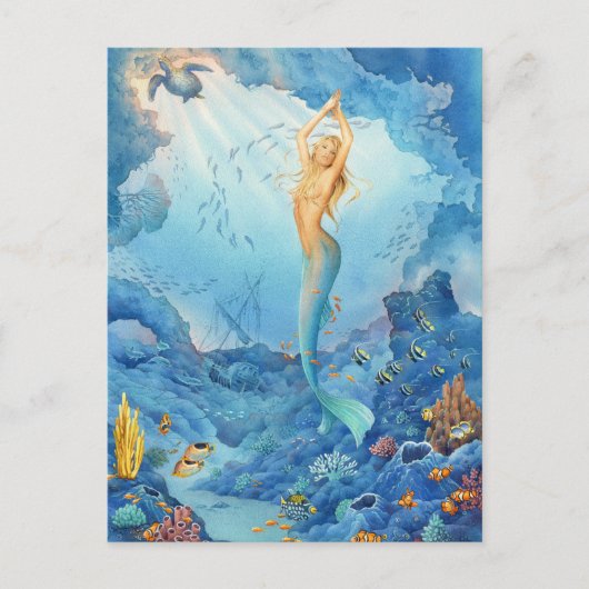 "Koraal", Zeemeermin, dolfijnen, vis en scheenwrak Briefkaart (Voorkant)