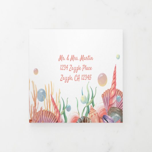 Koraal & Zeeschelpen Strand Alles in één bruiloft Drieluik Uitnodiging (Cover)