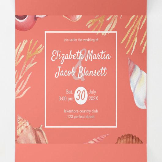 Koraal & Zeeschelpen Strand Alles in één bruiloft Drieluik Uitnodiging (Binnenkant midden)