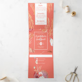 Koraal & Zeeschelpen Strand Alles in één bruiloft Drieluik Uitnodiging (Binnen)