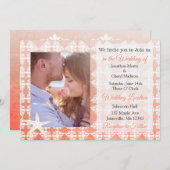 Koraal Zeester Damask Beach Foto Bruiloft uitnodig Kaart (Voorkant / Achterkant)