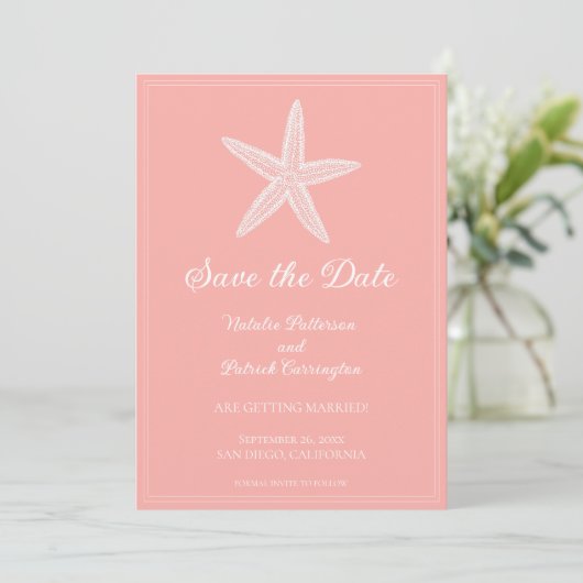 Koraal Zeester Save the Date Uitnodiging (Staand voorkant)