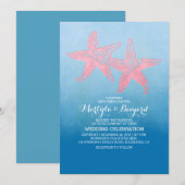Koraal Zeester & waterverf Ombre Blauwe bruiloft Kaart (Voorkant / Achterkant)