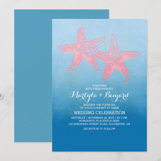 Koraal Zeester & waterverf Ombre Blauwe bruiloft Kaart (Voorkant / Achterkant)