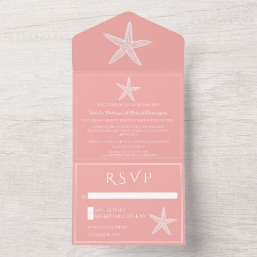 Koraal zeesterren bruiloft all in one uitnodiging (Binnen)