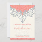 koraal zilver Gray Lace Wedding Uitnodiging (Voorkant)