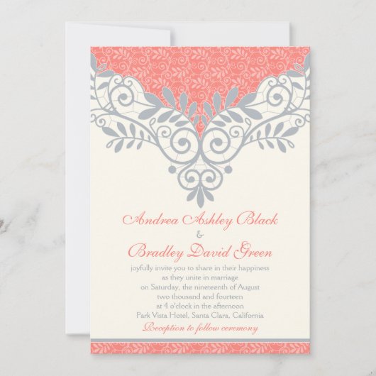  koraal zilver Gray Lace Wedding Uitnodiging (Voorkant)