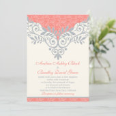  koraal zilver Gray Lace Wedding Uitnodiging (Staand voorkant)