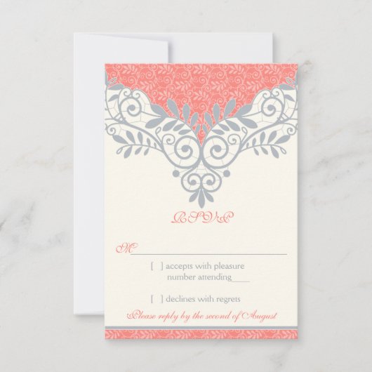 Koraal Zilver Grijs Lace Wedding RSVP Reageer (Voorkant)