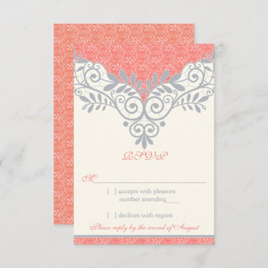 Koraal Zilver Grijs Lace Wedding RSVP Reageer (Voorkant / Achterkant)