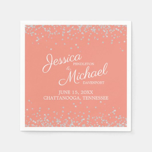 Koraal Zilver Witte Glitter Trouwreceptie Servet (Voorkant)