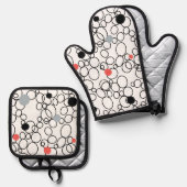 Koraal Zwart Witte Cirkels, Stippen Ovenwant & Pannenlap Set (Voorkant / Achterkant)