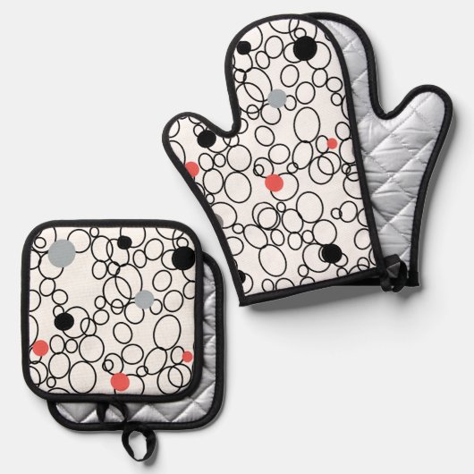 Koraal Zwart Witte Cirkels, Stippen Ovenwant & Pannenlap Set (Voorkant / Achterkant)